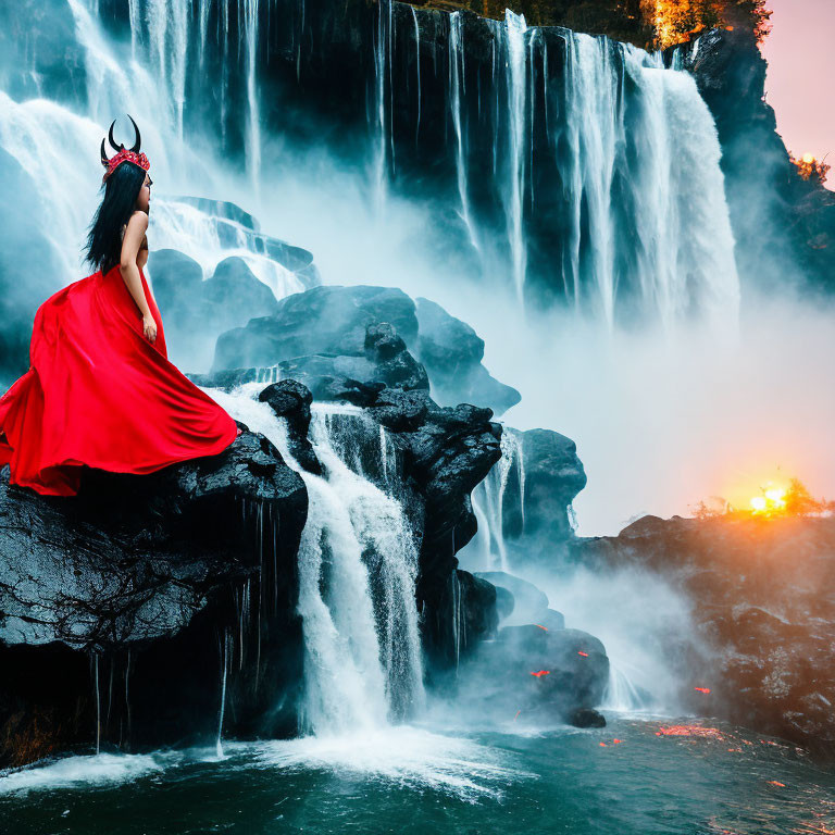 Person in Red Dress with Horned Headpiece Overlooking Waterfall at Sunset