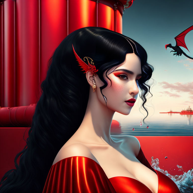 Digital artwork: Woman with black hair, red makeup, earring, red sky, and dragon.