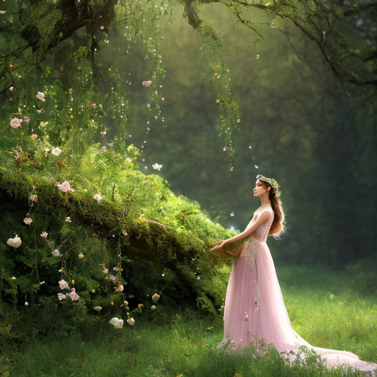 Woman in pink dress under blooming tree in forest clearing