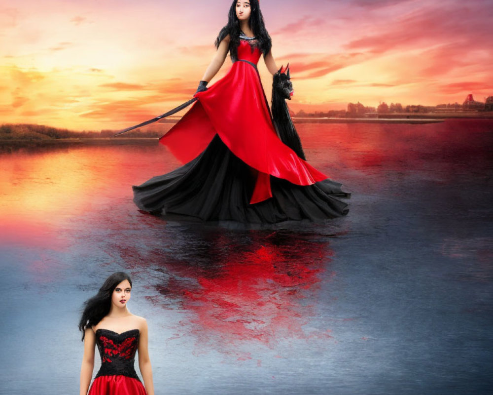 Woman in red and black dress with scepter next to black horse under sunset sky