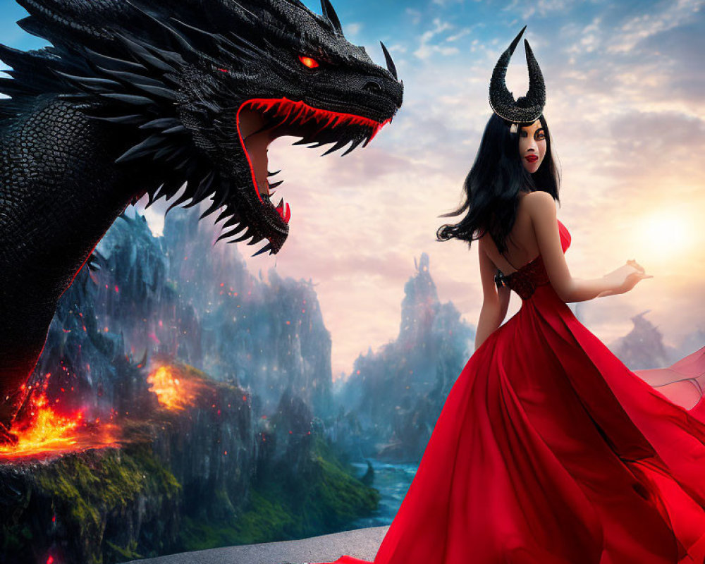 Woman in red dress with horned headpiece beside black dragon on cliff in volcanic landscape