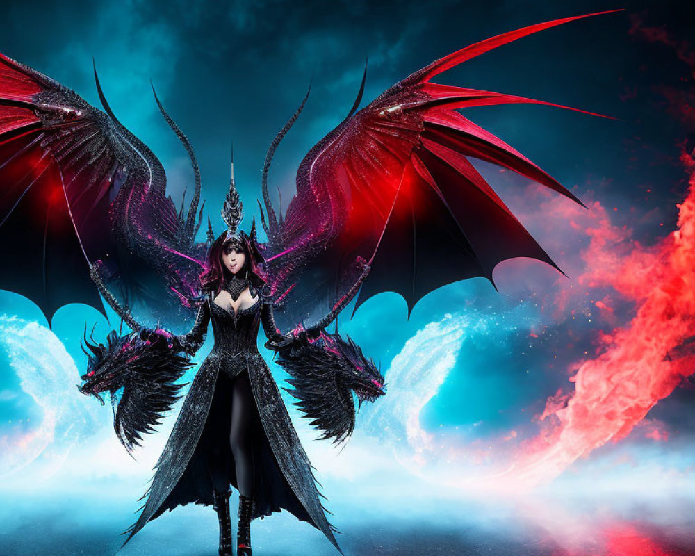 Fantasy image of woman with red and black dragon wings in dark costume against mystical smoke background
