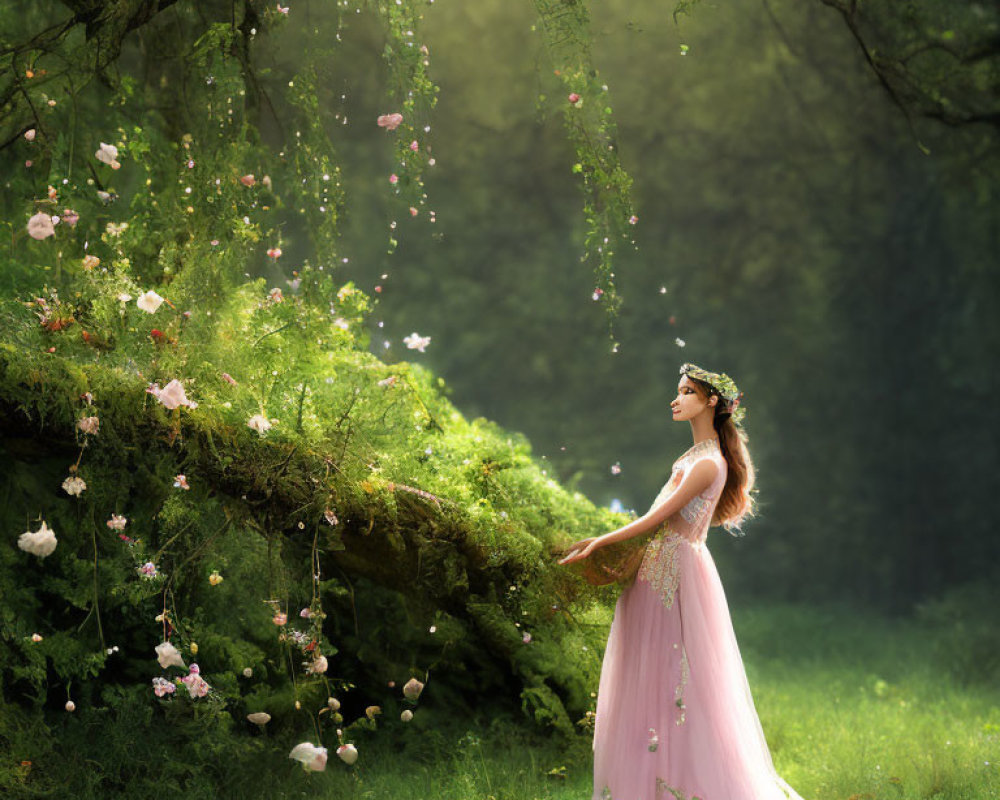 Woman in pink dress under blooming tree in forest clearing