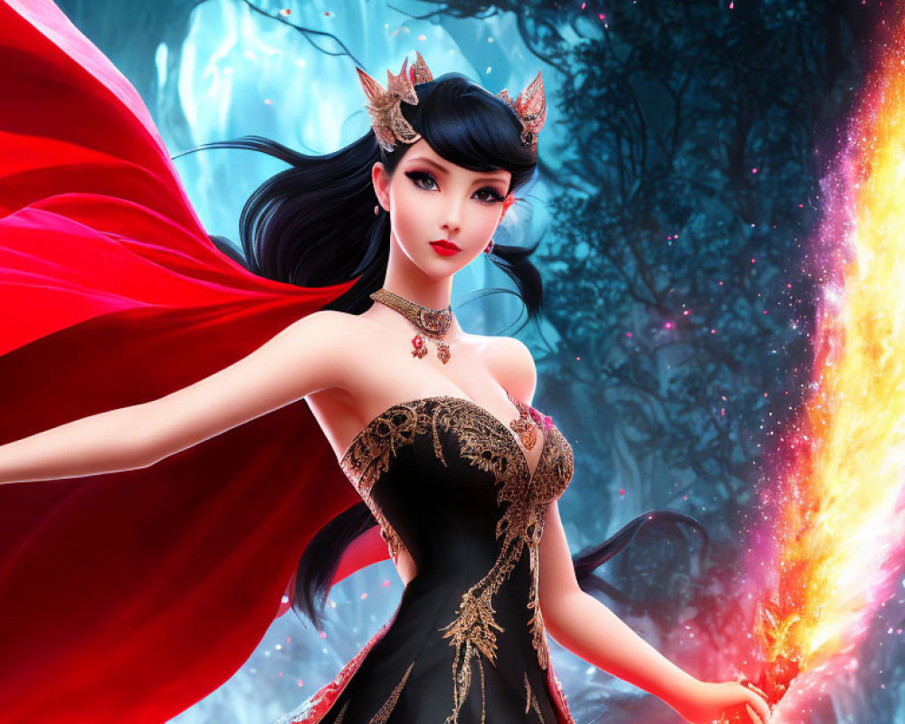 Fantasy character with dark hair and red cape in mystical forest, holding magical light in black and gold