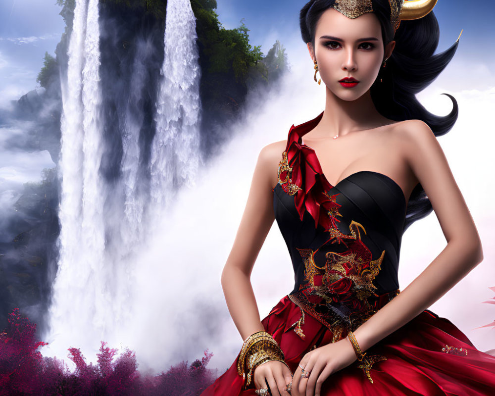 Fantasy woman with horns in red and black dress by misty waterfall