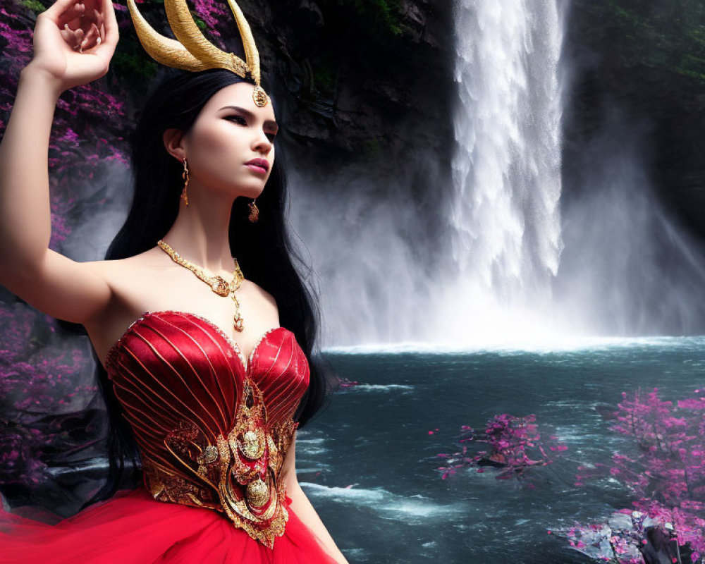 Woman with Horns in Red and Gold Dress by Waterfall with Pink Flowers
