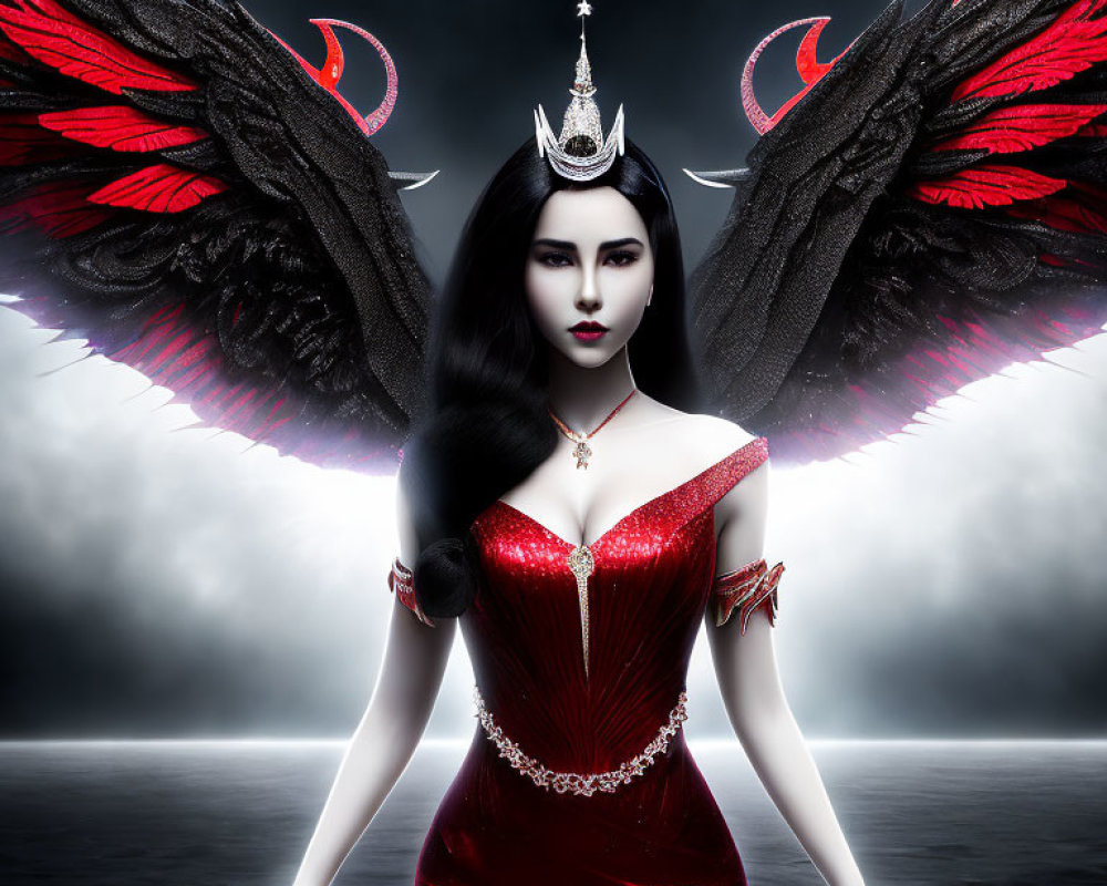 Dark-haired woman in crown and red dress with black and red wings in gothic fantasy setting.