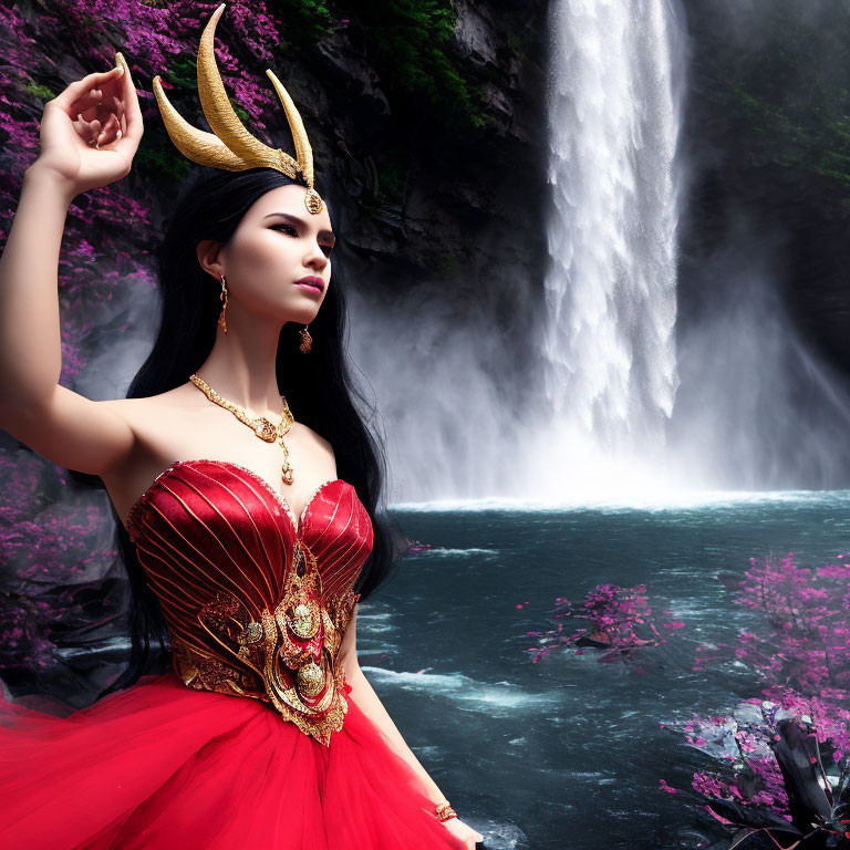 Woman with Horns in Red and Gold Dress by Waterfall with Pink Flowers