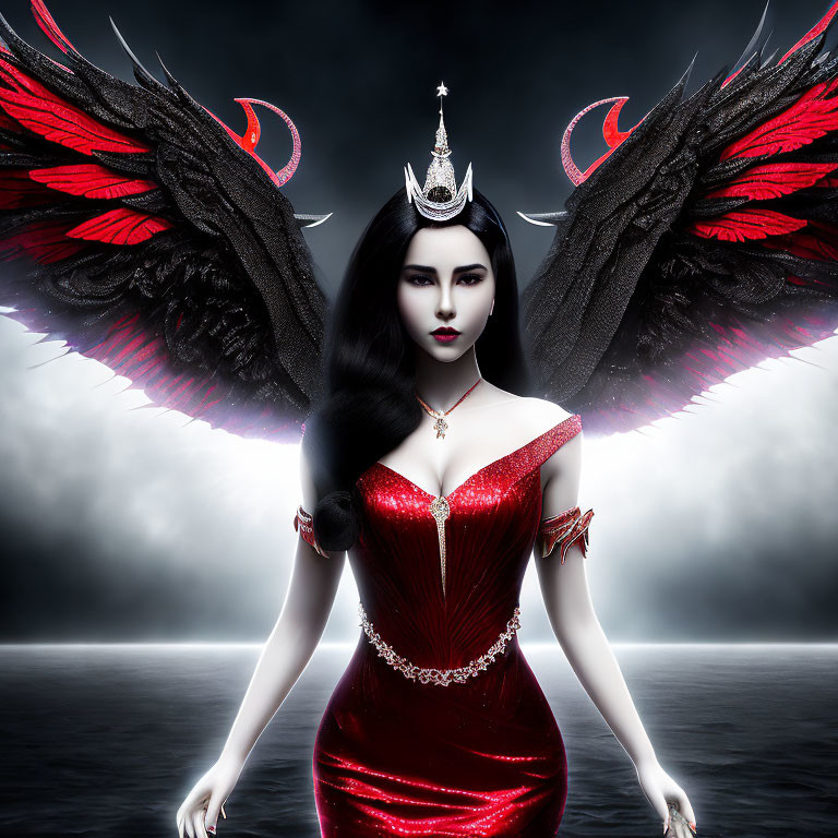 Dark-haired woman in crown and red dress with black and red wings in gothic fantasy setting.