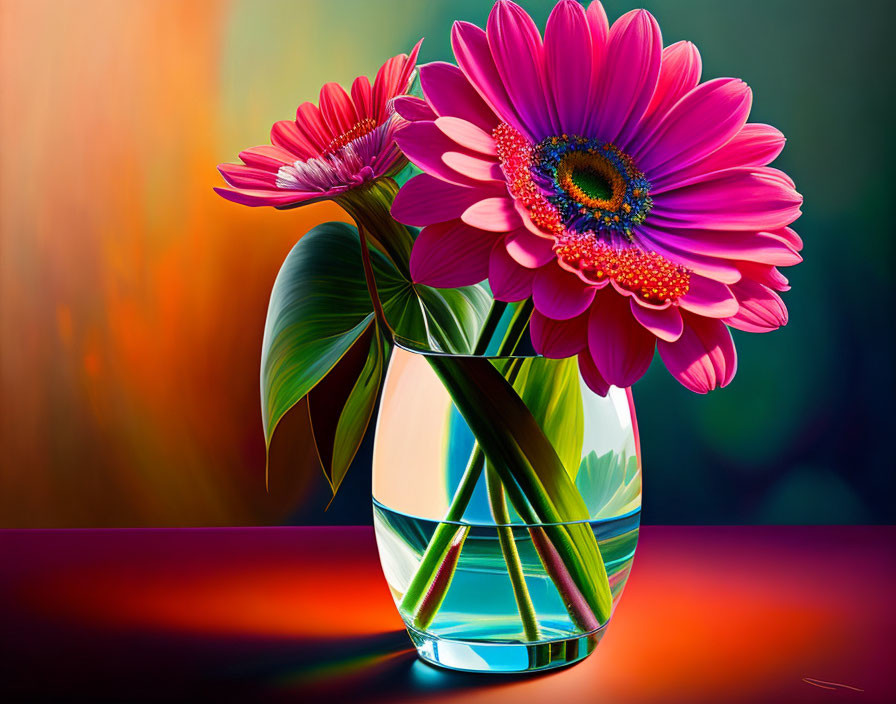 Bright Pink Gerbera Daisies in Clear Glass Vase on Colorful Background
