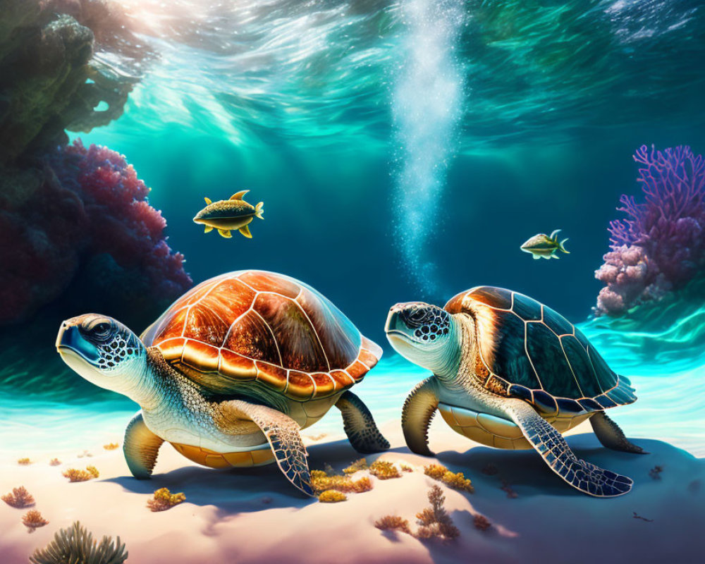 Underwater scene with sea turtles, colorful fish, and coral reefs in ocean.