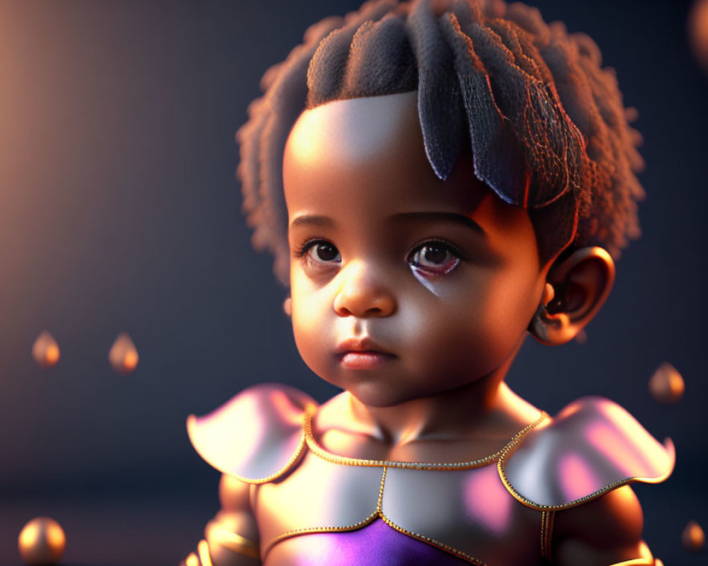 Baby in futuristic armor with glowing orbs on dark background