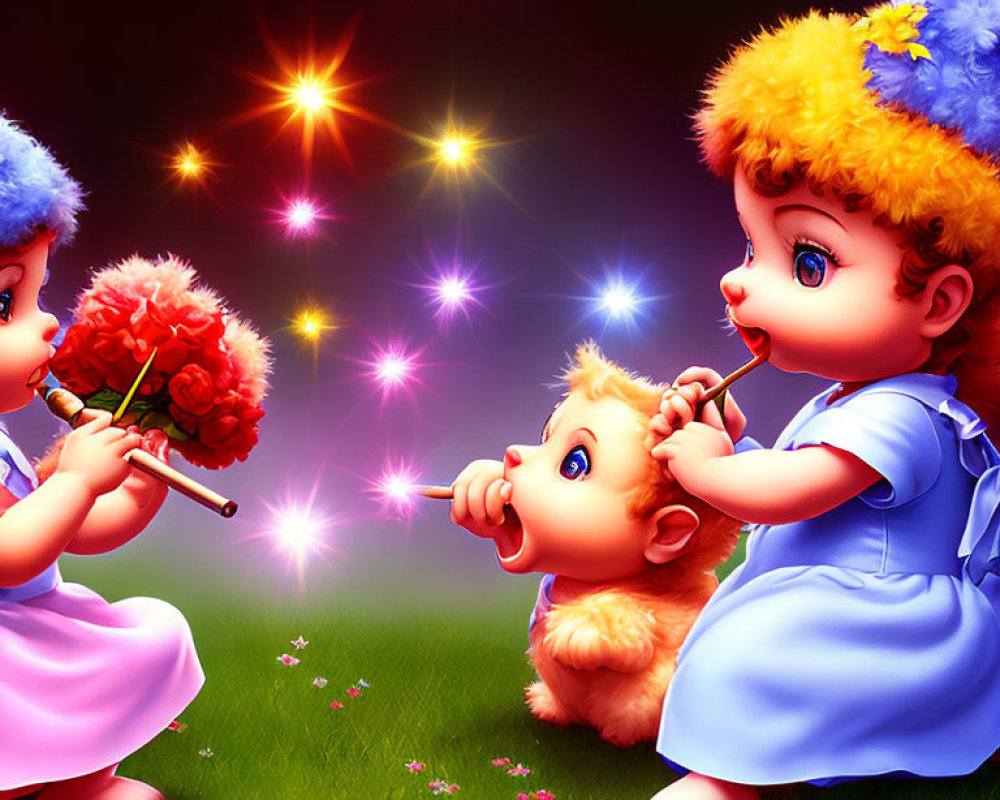 Animated babies in magical scene with twinkling stars, one offering flower to puppy.