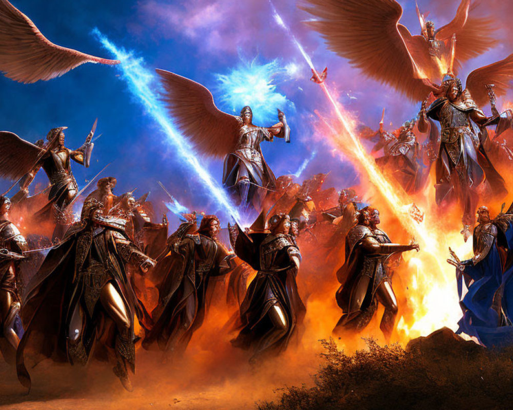 Digital Artwork: Epic Battle Scene with Angelic Warriors and Swords
