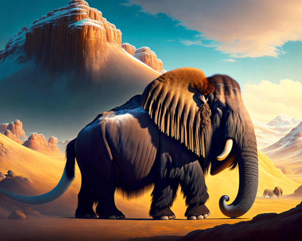 Prehistoric mammoth with tusks in desert landscape