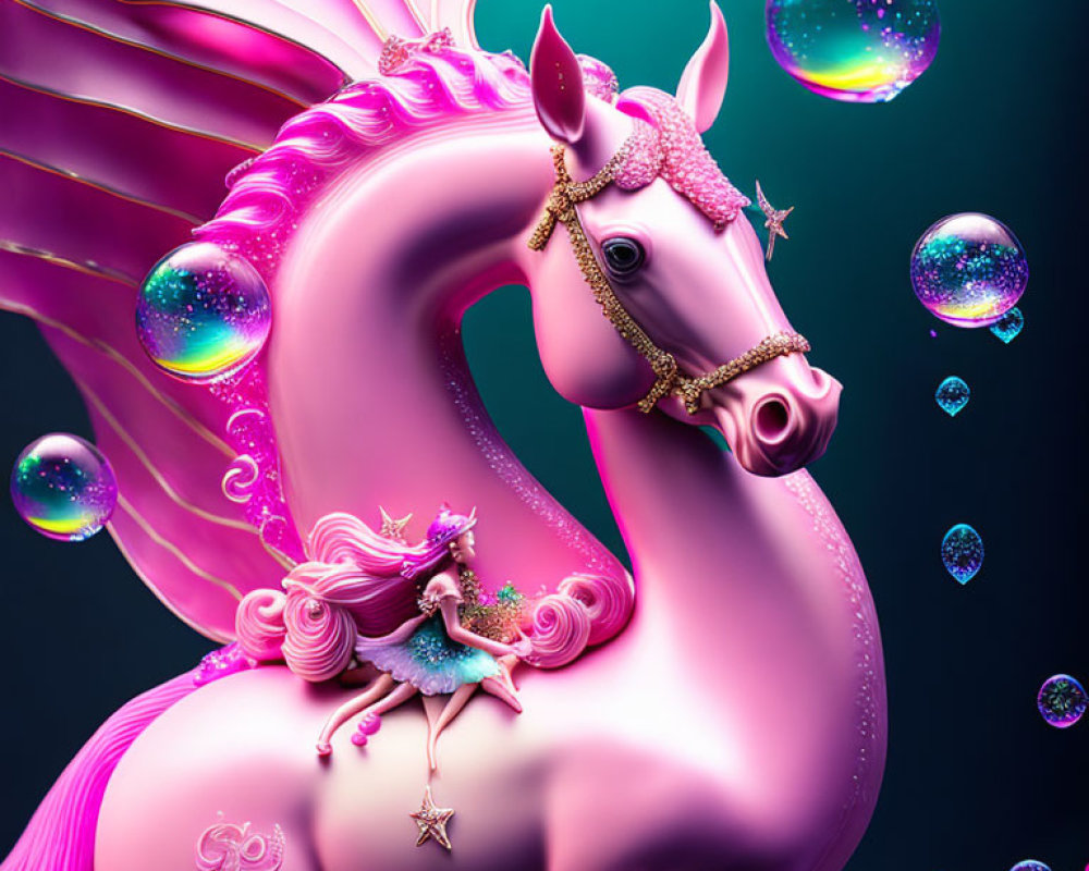 Colorful digital artwork: Pink seahorse, wings, bubbles, and fairy figure