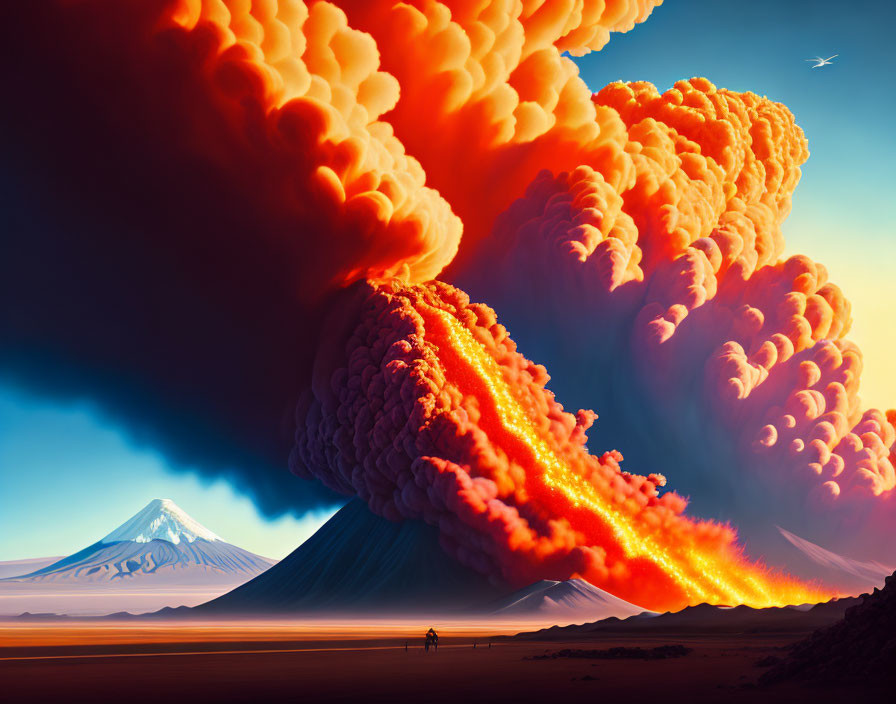 Detailed depiction of volcanic eruption with lava flows, ash plumes, mountain, and lone observer