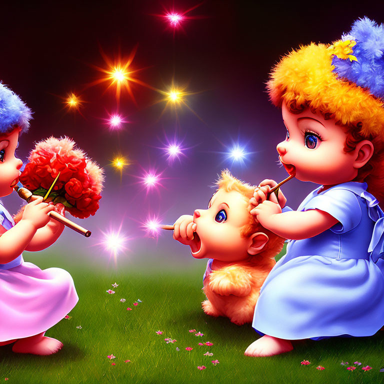 Animated babies in magical scene with twinkling stars, one offering flower to puppy.
