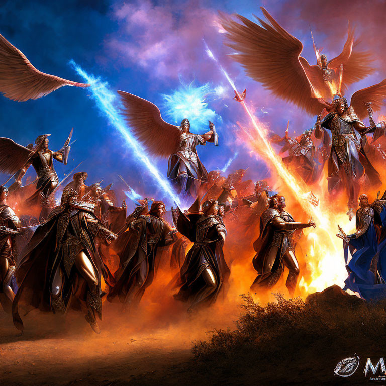 Digital Artwork: Epic Battle Scene with Angelic Warriors and Swords