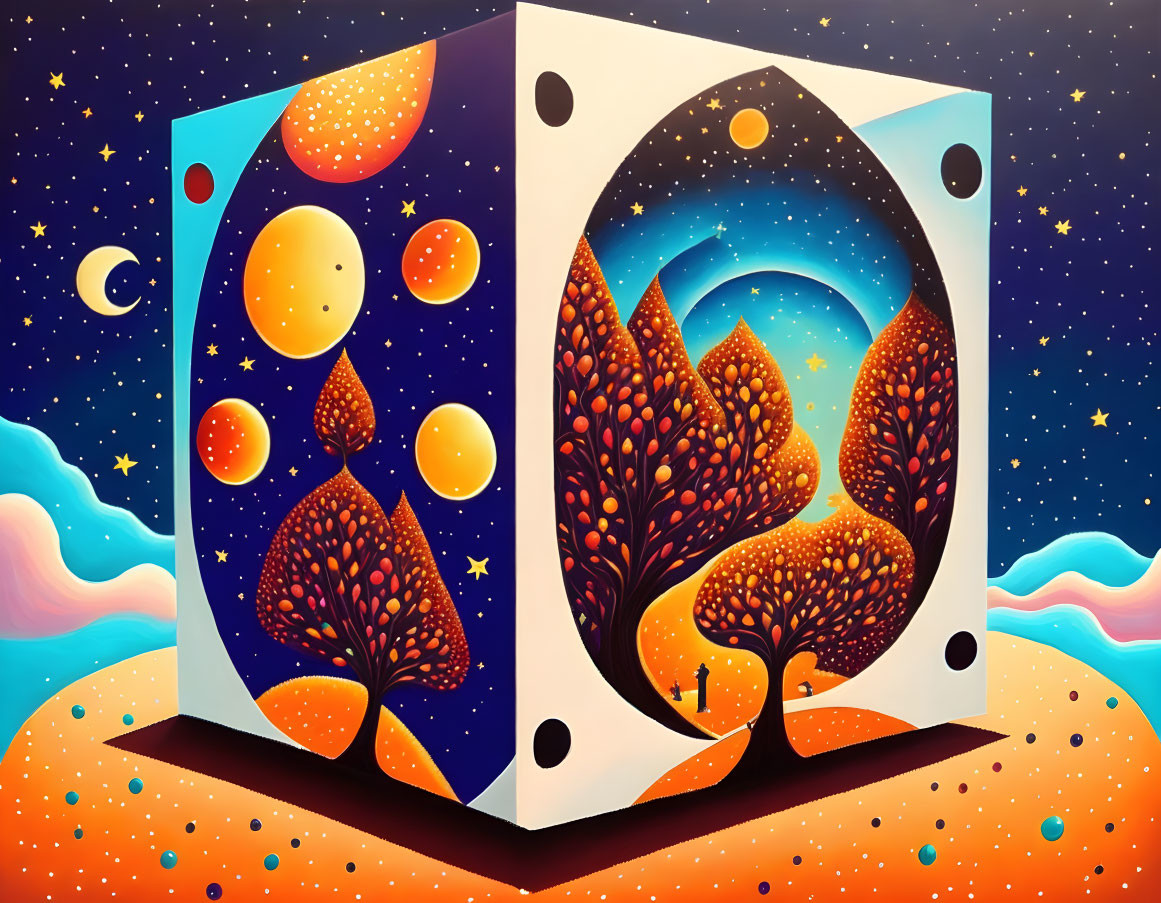 Surreal painting of cube with starry night sky and autumn trees.