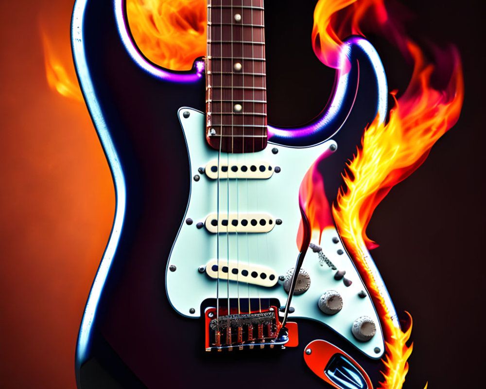 Flaming Electric Guitar on Dark Background with Blue Accents