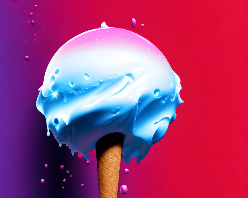 Single Scoop Ice Cream Cone on Pink and Purple Background with Melting Blue and White Glossy Co