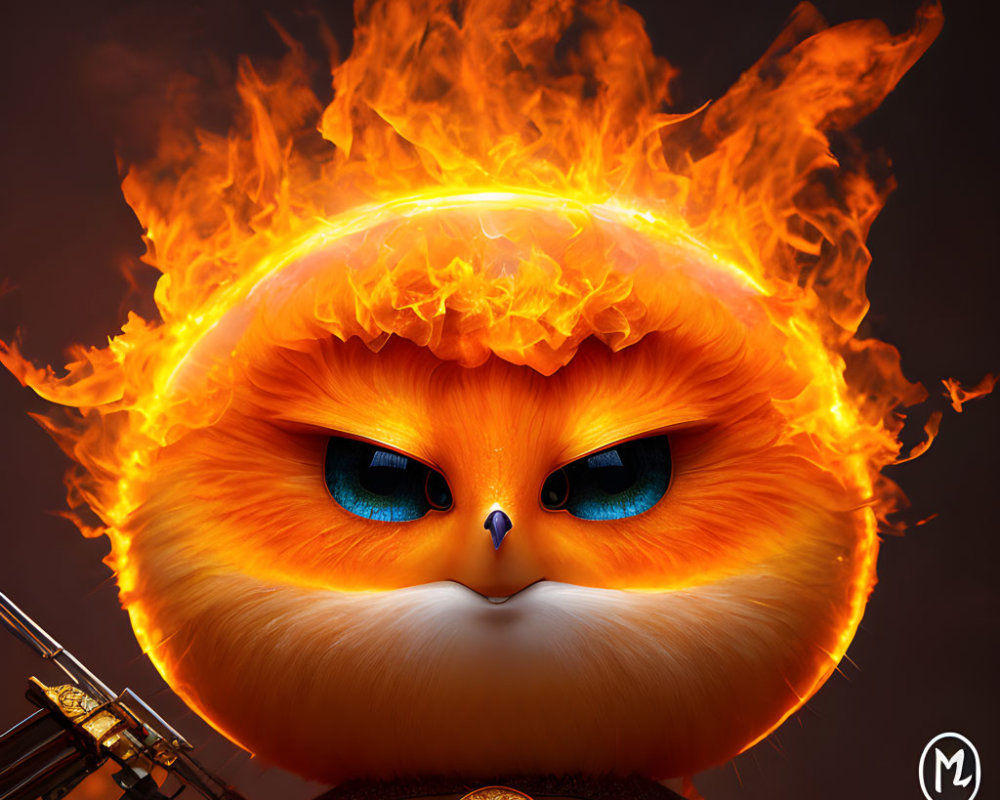 Stylized illustration of fierce orange owl with blue eyes and flames