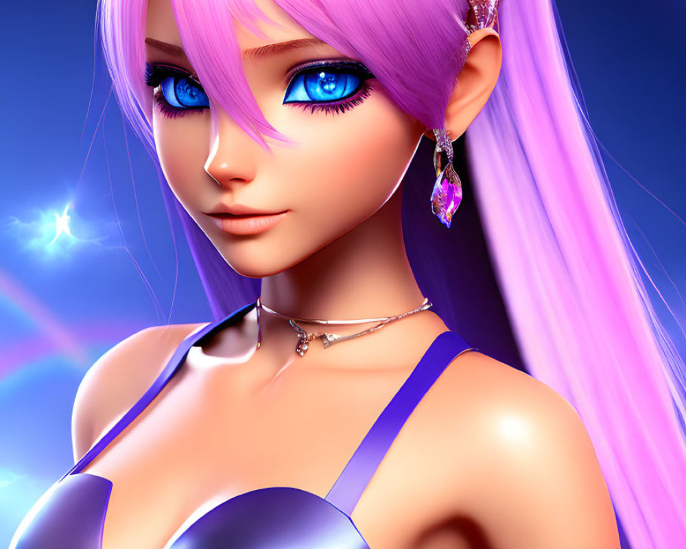 3D illustration of female character with pink hair and metallic purple outfit