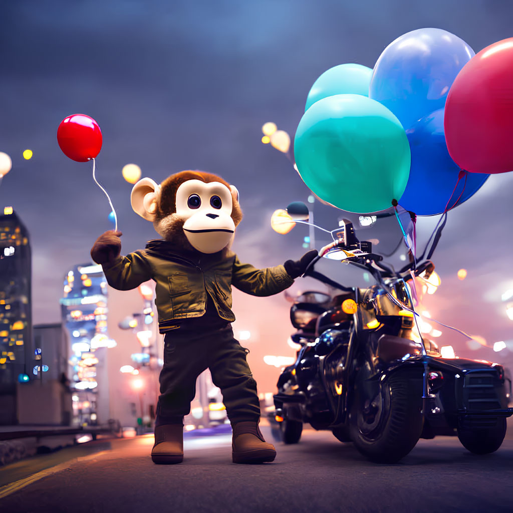 Stylized monkey character with balloons and motorcycle in city street at dusk