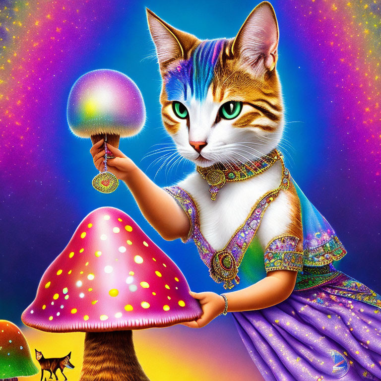 Colorful digital artwork: Cat with human-like arms holding a glowing mushroom