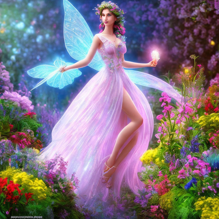 Digital artwork of fairy with translucent wings in floral garden