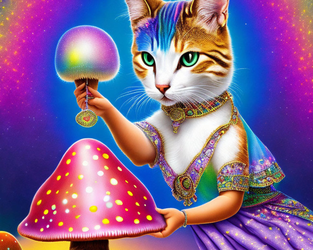 Colorful digital artwork: Cat with human-like arms holding a glowing mushroom