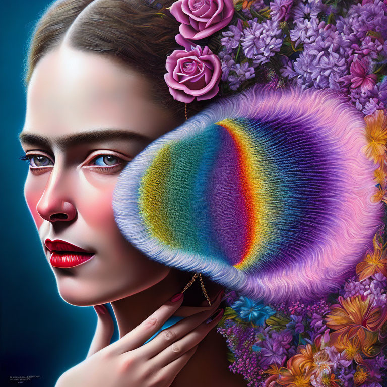 Surreal portrait of woman with flowers and colorful mushroom ear