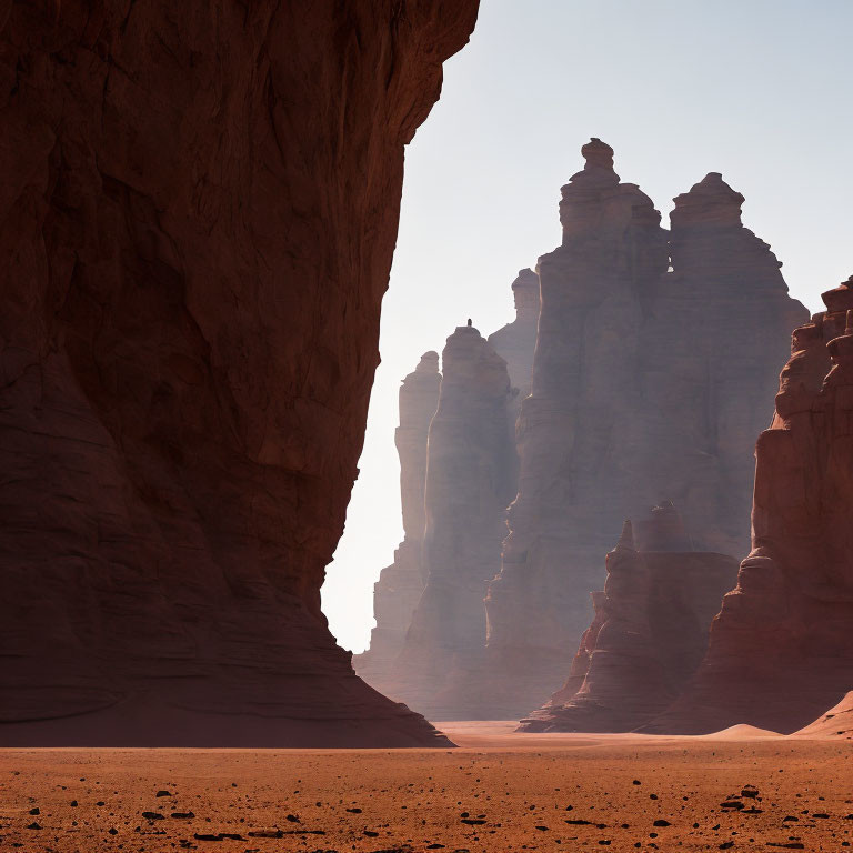 Sandstone Rock Formations in Desert Landscape with Hazy Sky