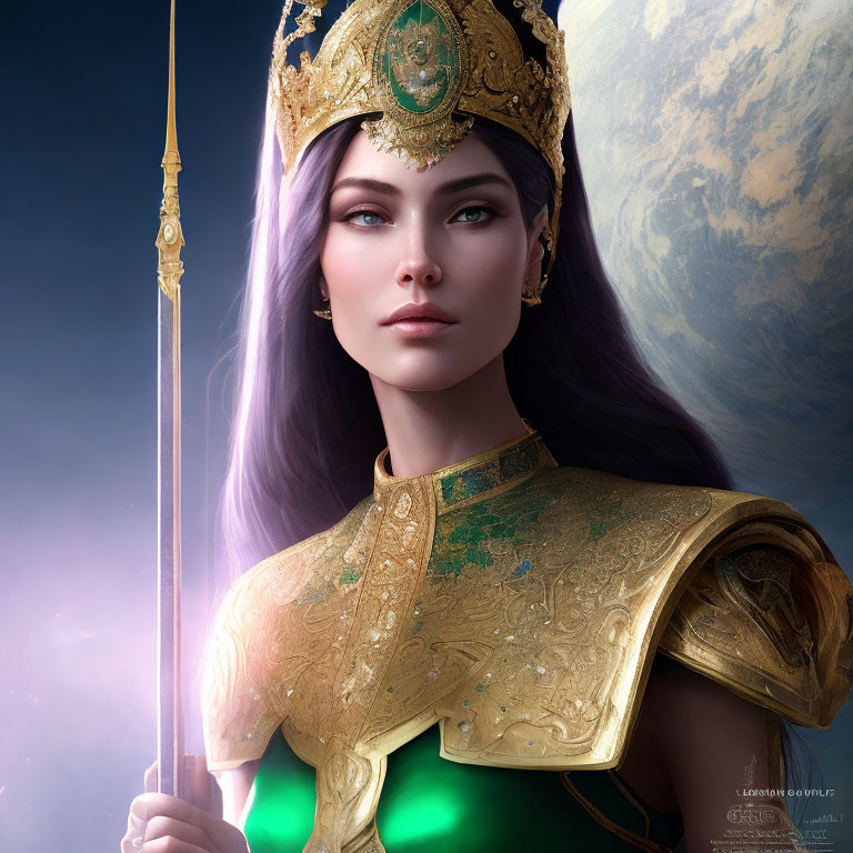 Female warrior in golden armor with spear and celestial backdrop