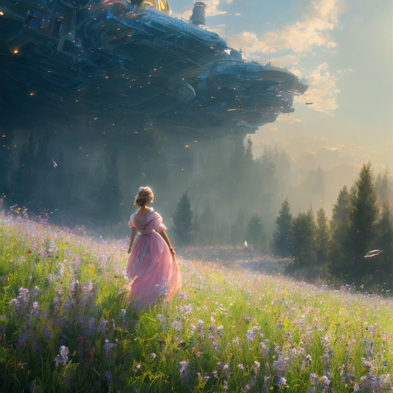 Woman in pink dress gazes at futuristic spaceship in vibrant meadow