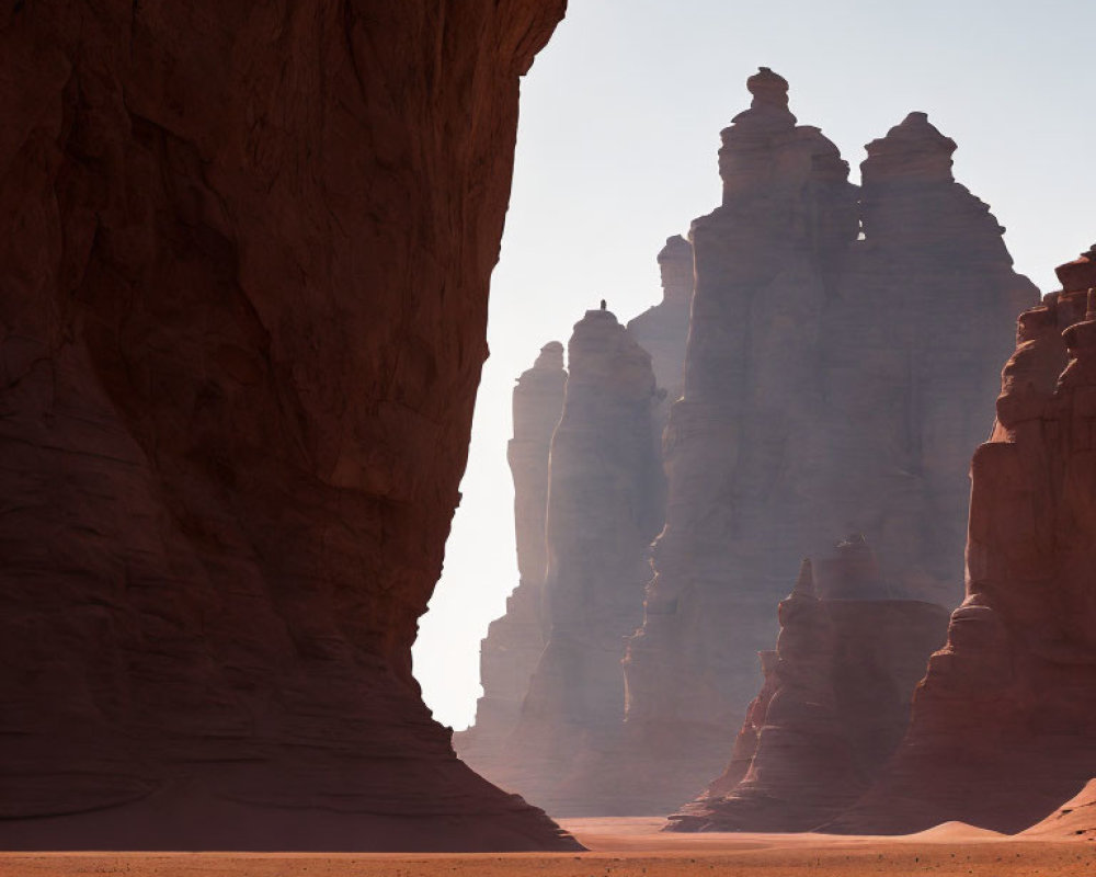 Sandstone Rock Formations in Desert Landscape with Hazy Sky