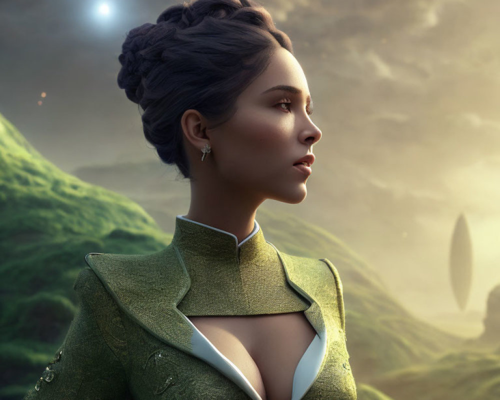 Digital artwork of woman with updo hairstyle in green jacket against fantasy landscape