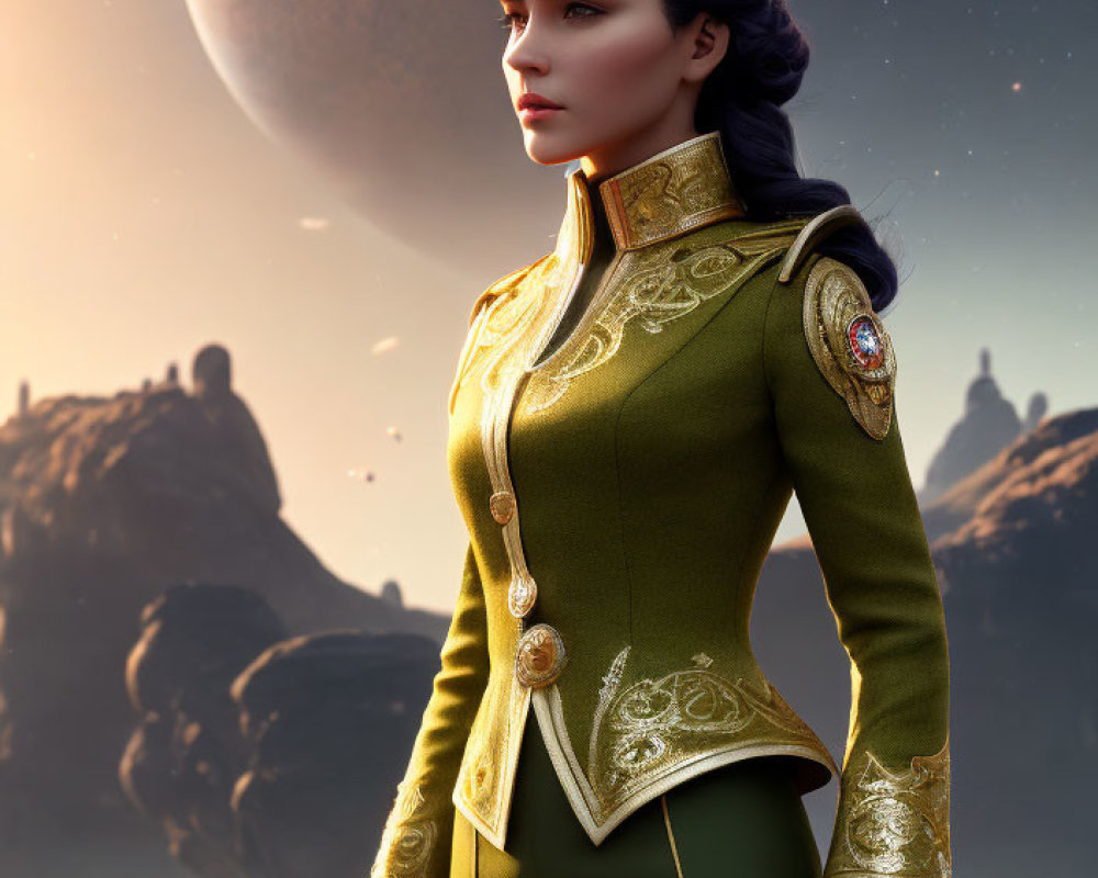 Digital artwork of woman in green military uniform with blaster on rocky planet