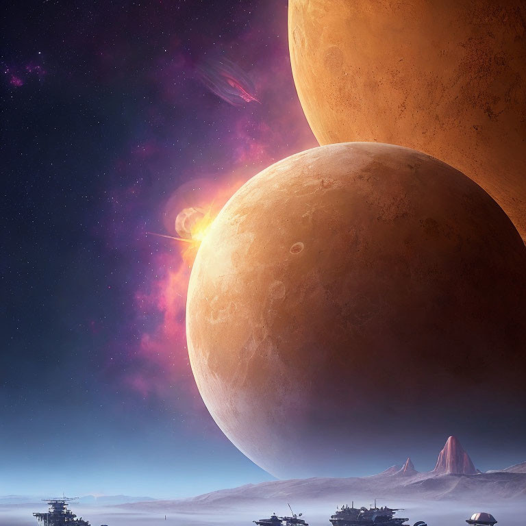 Celestial bodies and starships in vibrant cosmic landscape
