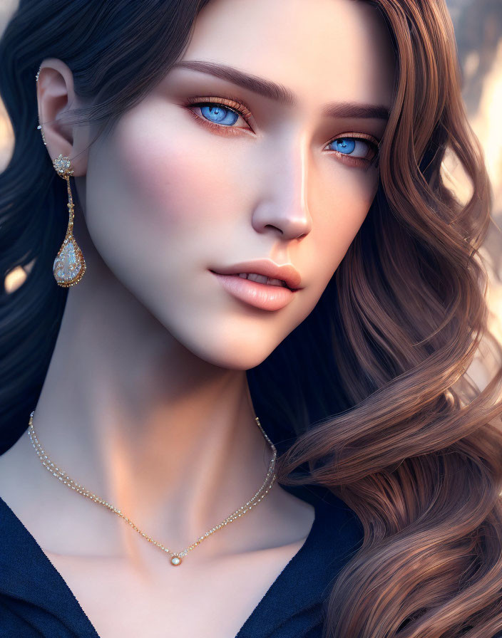 Woman portrait: Blue eyes, wavy brown hair, gold earrings & necklace
