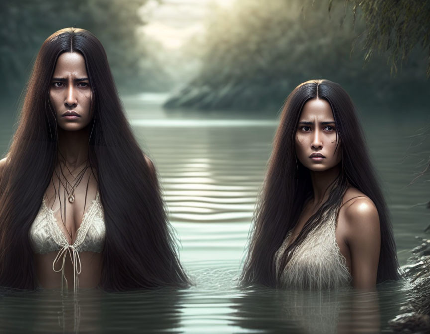 Two Women with Long Hair in Misty Forest Water Scene