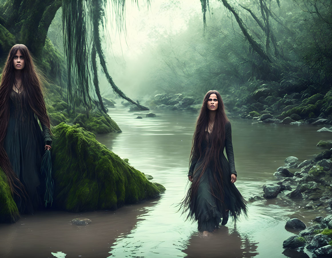 Two Women in Black Dresses in Misty Forest with Stream and Moss-covered Rocks