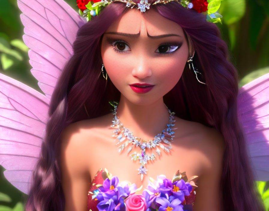 Colorful computer-generated fairy with purple hair, wings, floral crown, and necklace