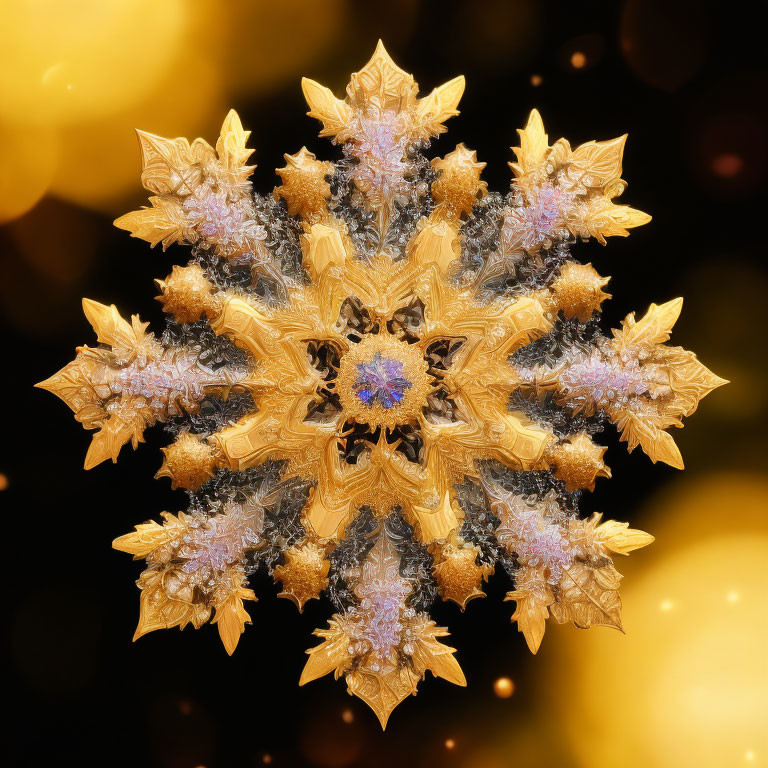 Intricate Golden Snowflake with Purple Gem on Warm Bokeh Background