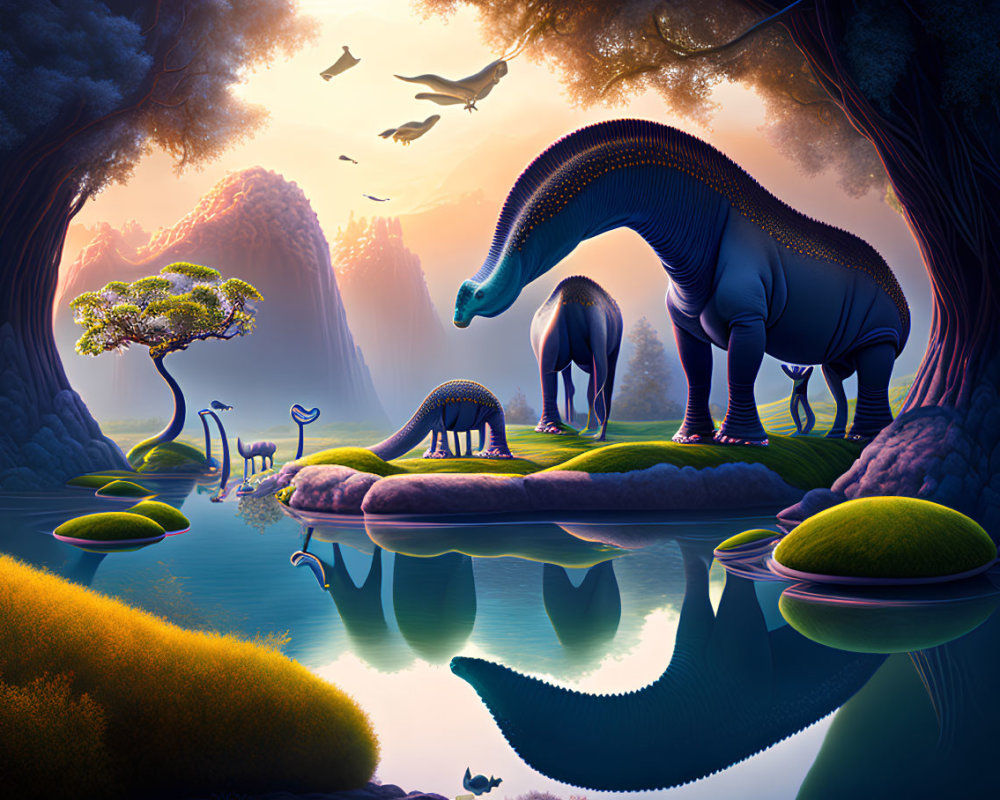 Vibrant prehistoric landscape with sauropod dinosaurs, pterosaurs, water body, and