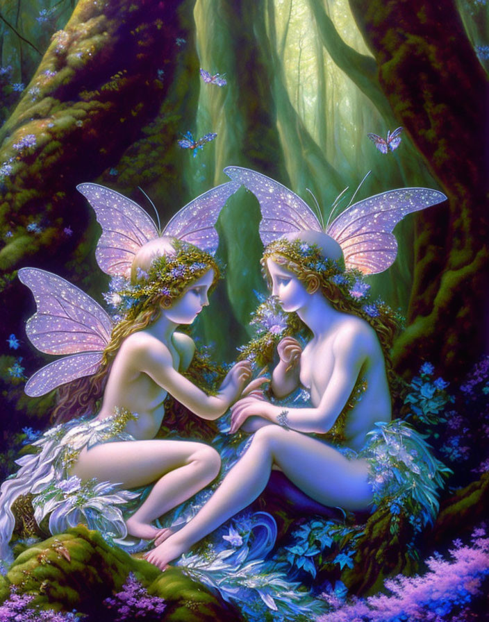 Iridescent-winged fairies sharing a flower in mystical forest