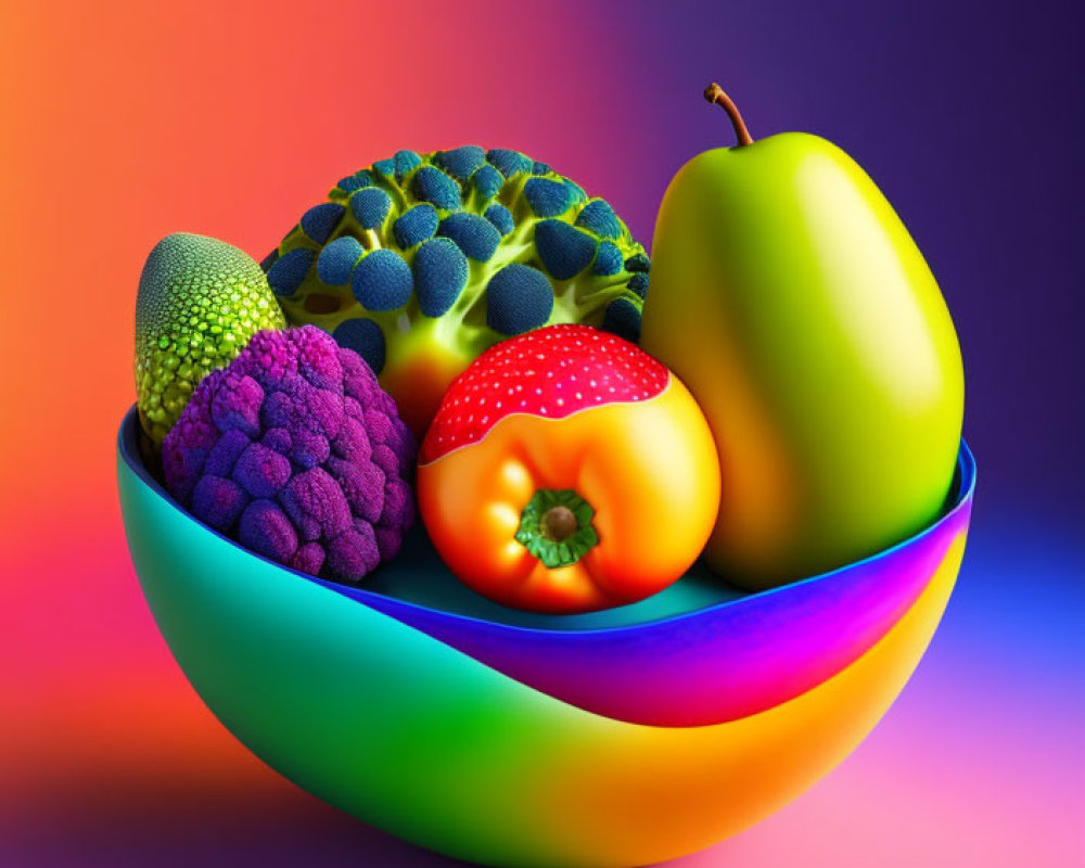 Vibrant digital art: Rainbow bowl with stylized fruits on colorful background