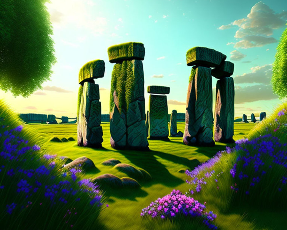 Stylized Stonehenge Scene with Greenery and Purple Flowers