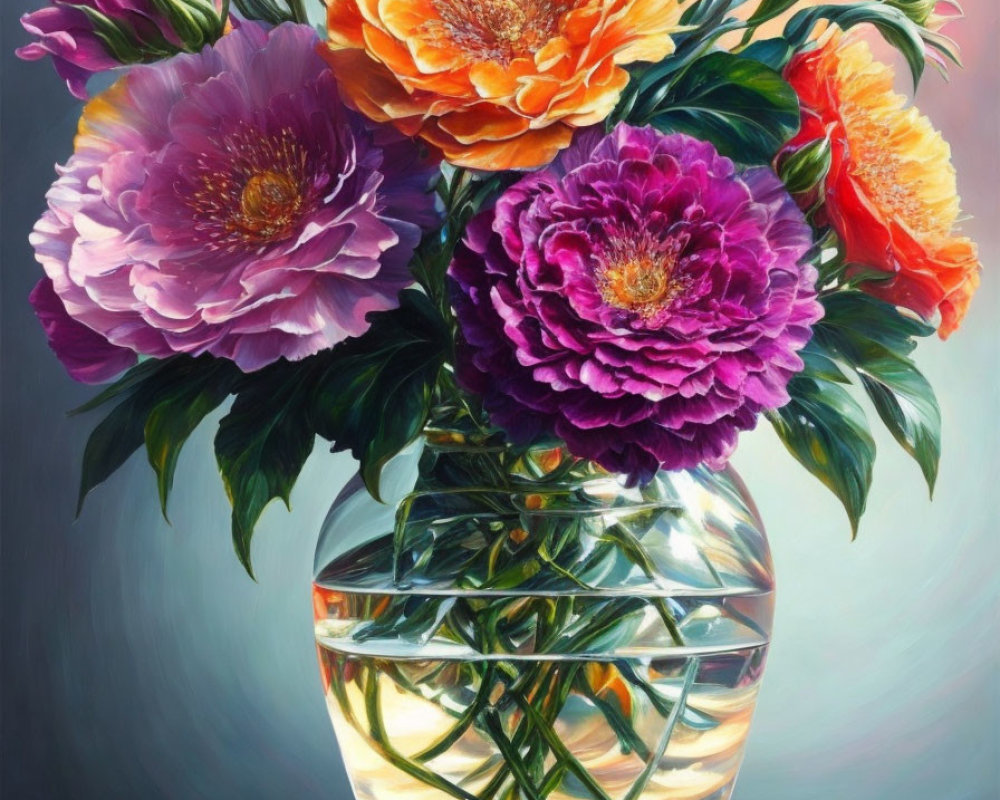 Colorful Peonies Bouquet in Glass Vase on Gradient Background